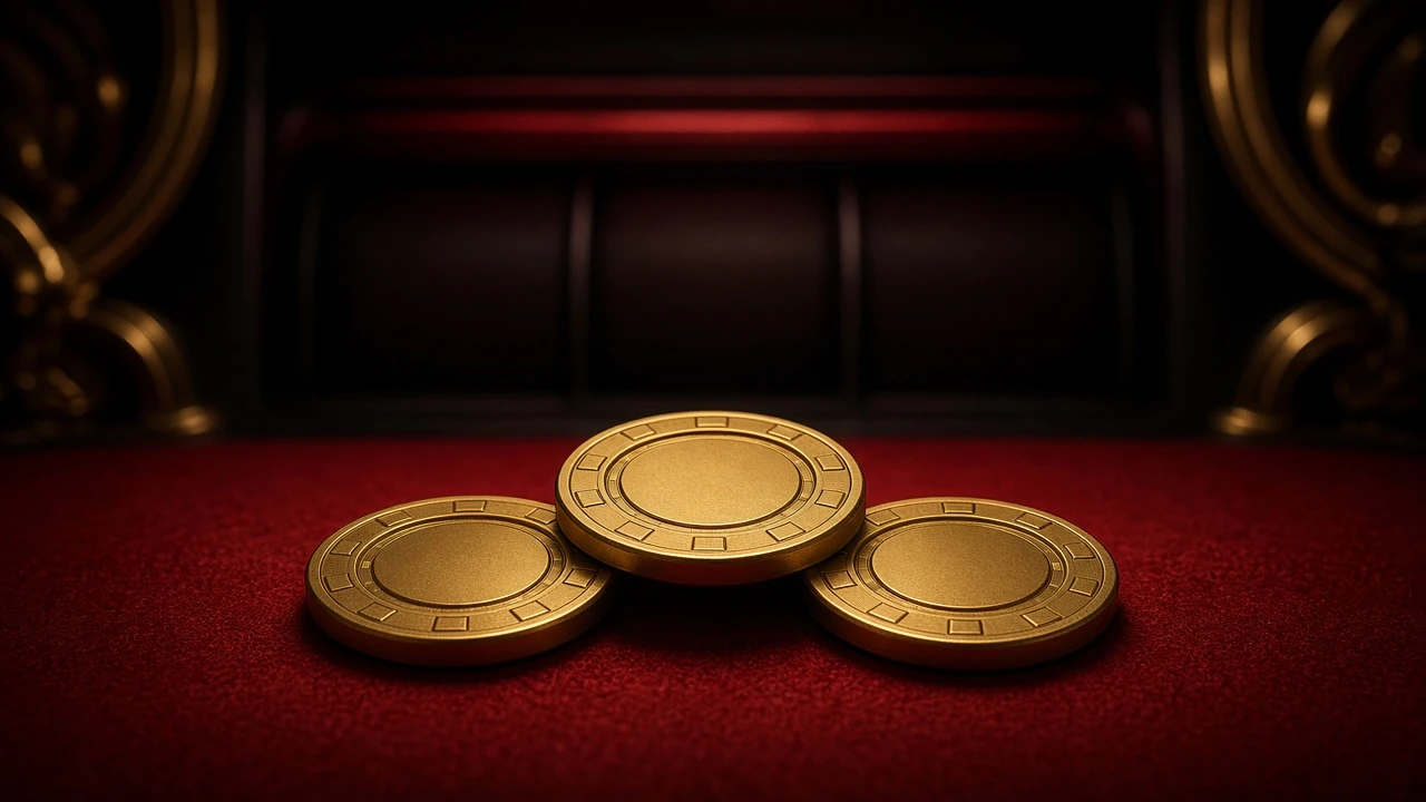 Three plain gold casino chips leaning together in a small triangle on crimson felt, low front view, a dark slot cabinet with gold scrollwork blurred behind in dim red light