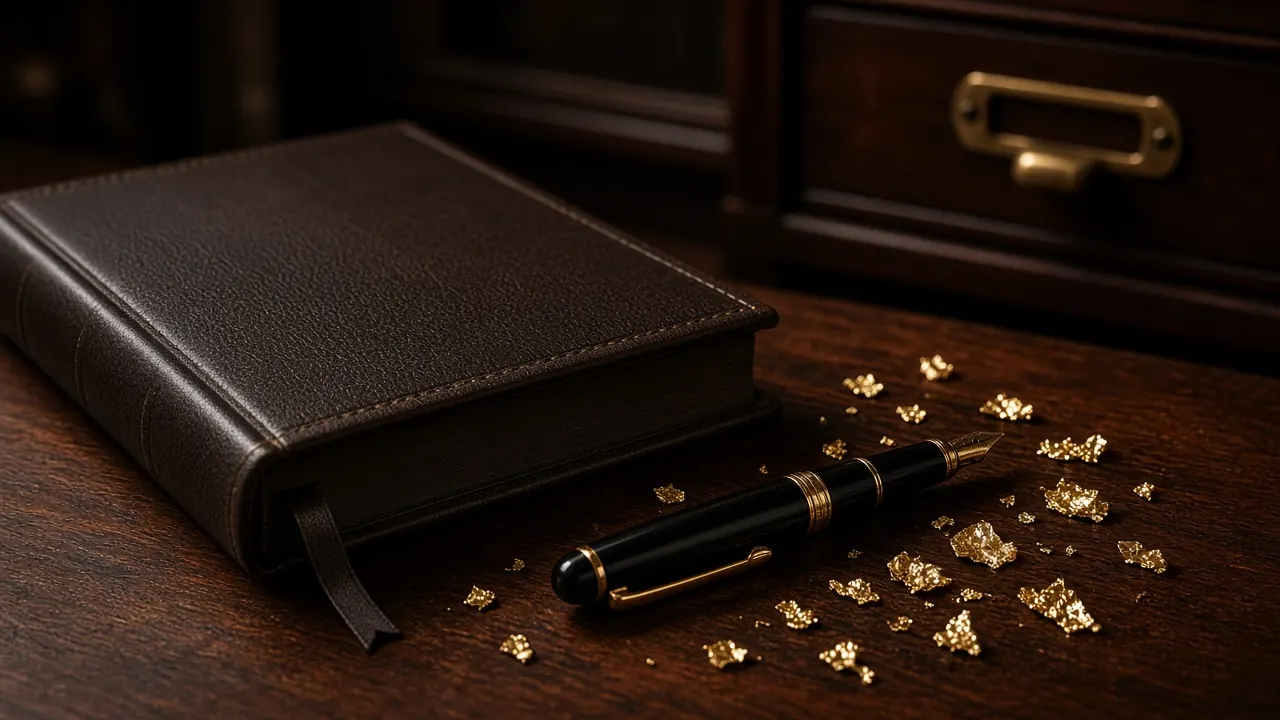 A closed dark brown leather ledger with a ribbon marker and a black fountain pen with gold bands on a walnut desk, gold leaf flakes scattered beside them, warm low side light, a drawer behind