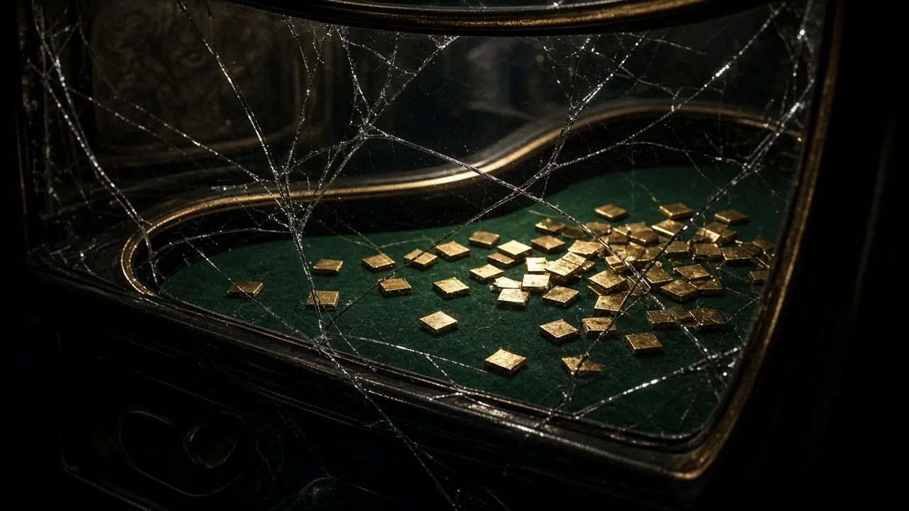 Shattered glass in front of a slot cabinet tray lined with green felt, dozens of small square gold tokens scattered under the cracks, dark cabinet edges, one cold light from above, close view