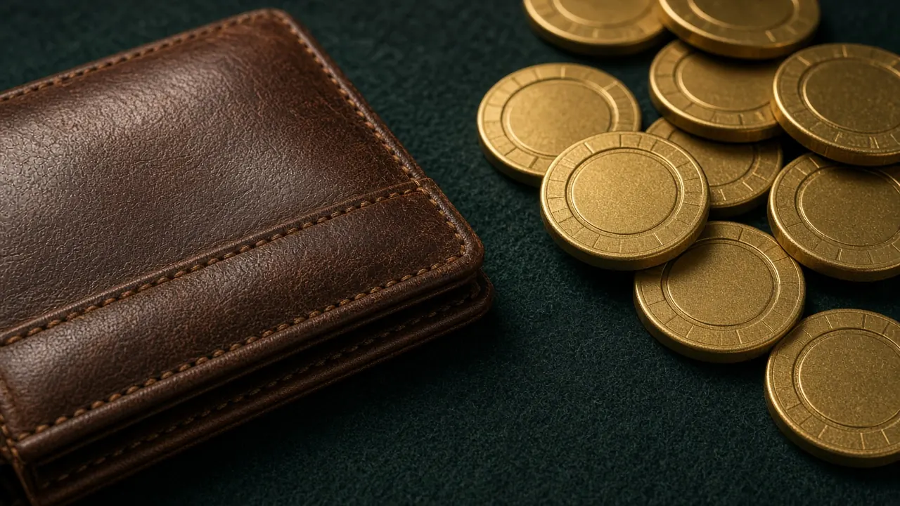 A brown stitched leather wallet on the left of dark green felt and a loose spread of plain gold casino chips on the right, close top-down view in soft warm light, rich felt texture
