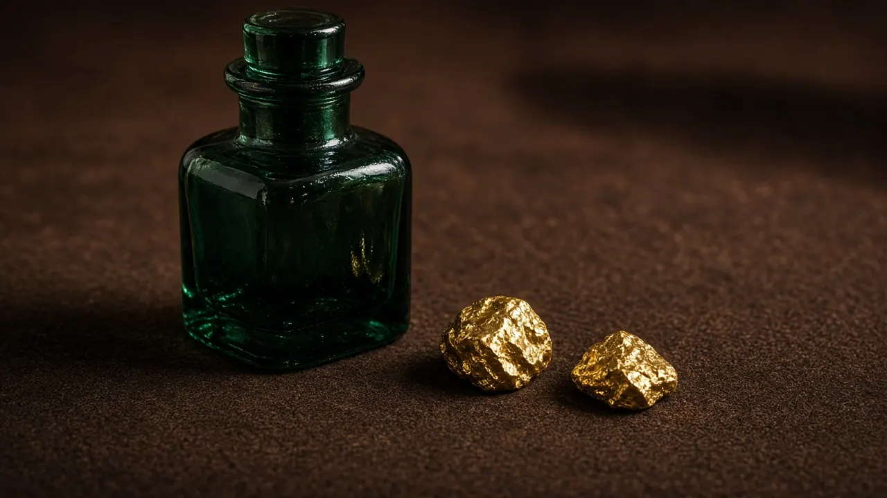 A small square green glass ink bottle and two rough gold nuggets on dark brown felt, low side light from the left casting long soft shadows, close eye-level view, dark background