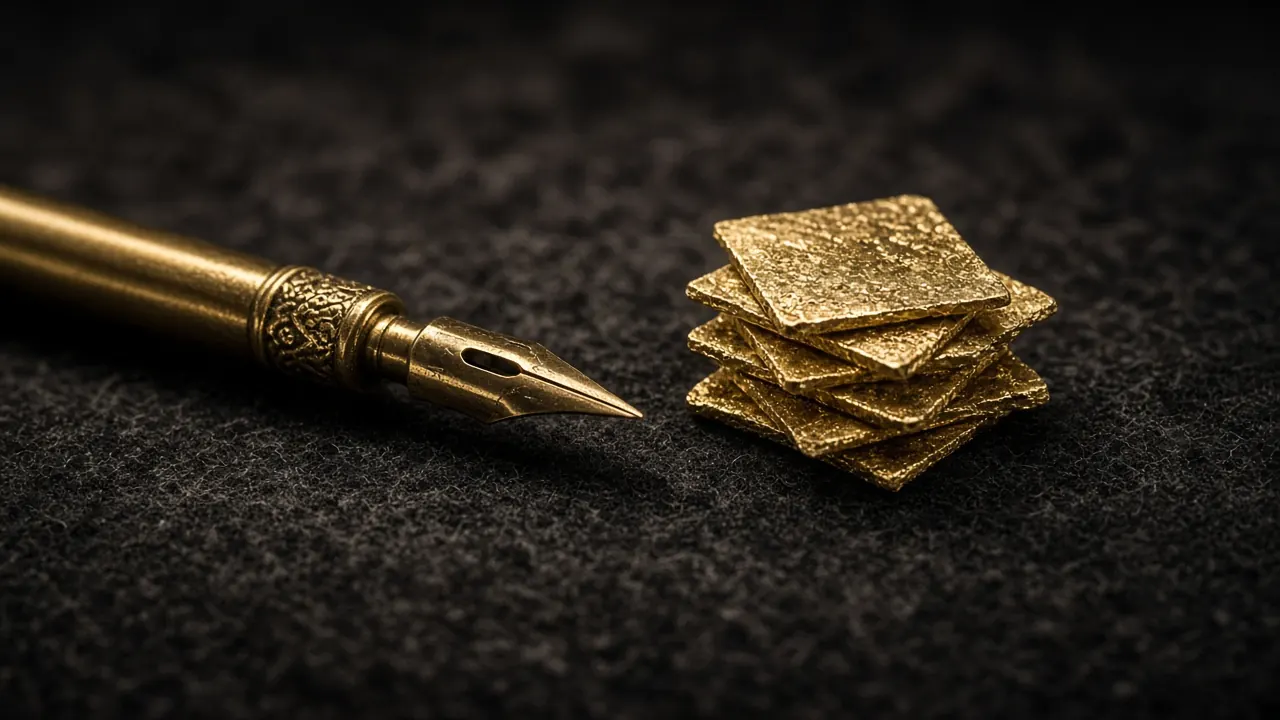 A brass dip pen with an engraved collar lying on charcoal felt, its nib pointing at a small stack of thin hammered gold squares, close low view in warm light against a black background