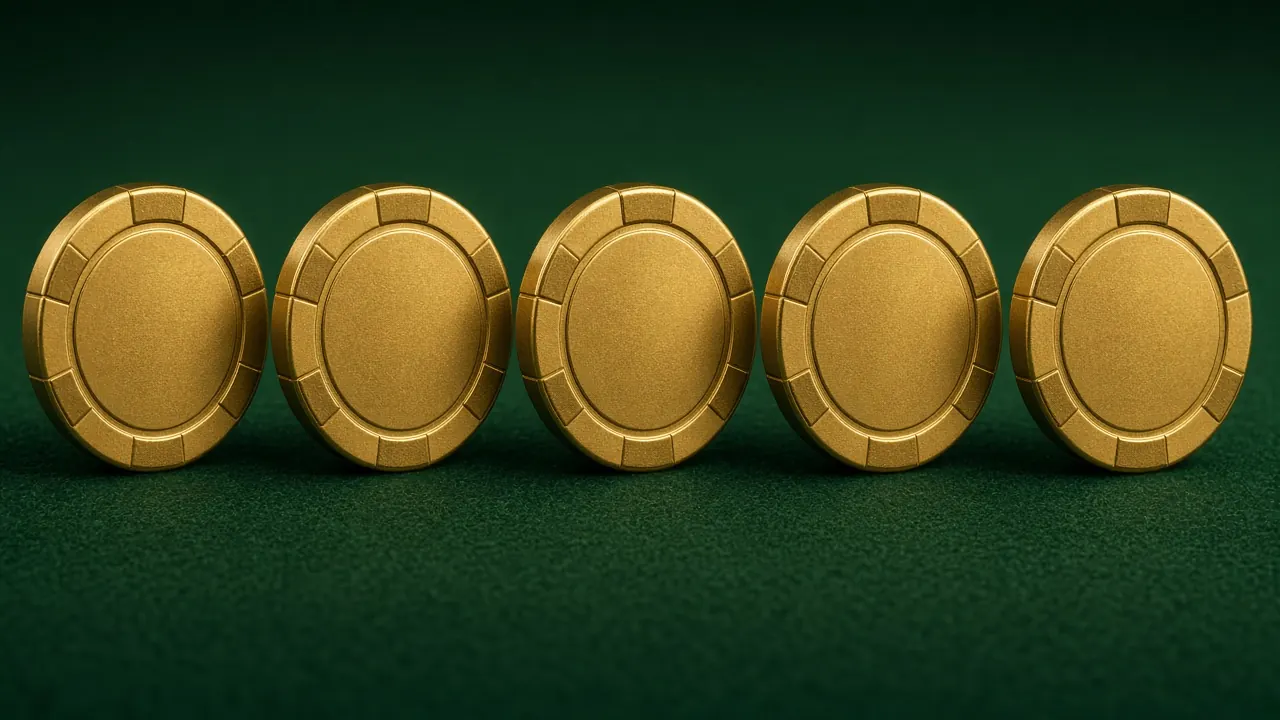 Five plain gold casino chips standing upright on edge in one straight row across dark green felt, eye-level view, soft even light from the front and a darker green background