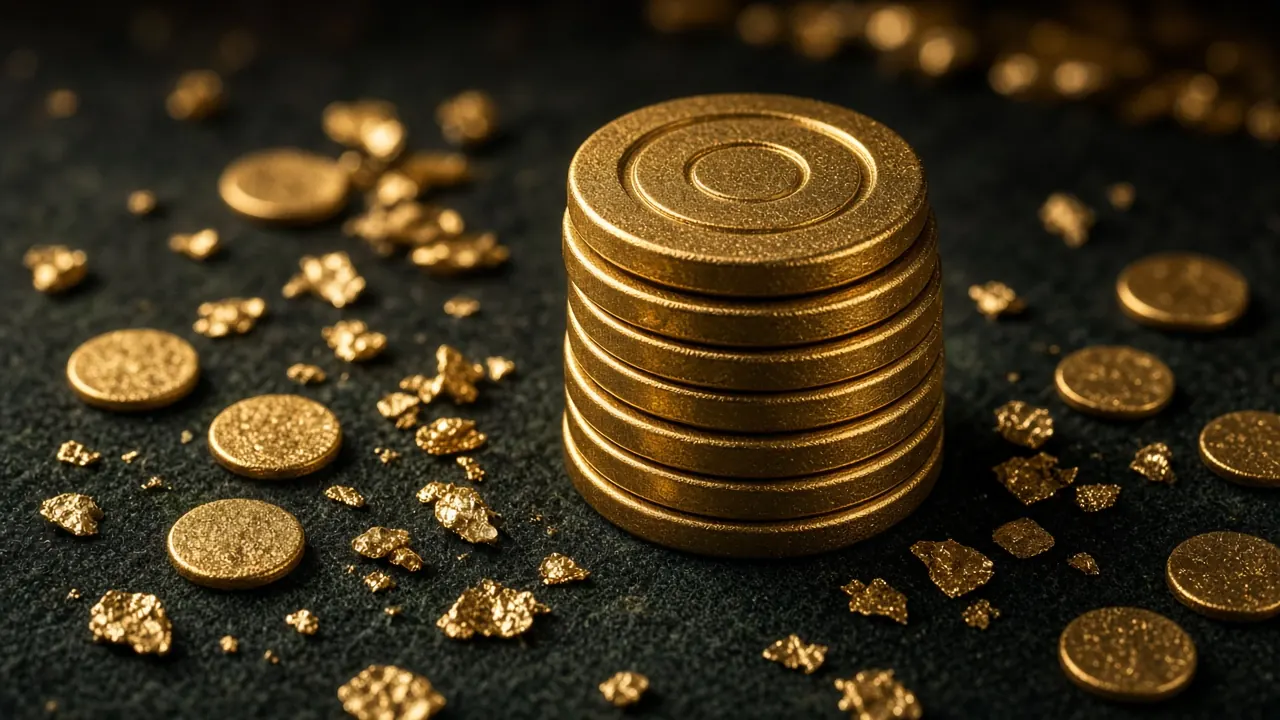A tall stack of textured gold chips in the centre of black felt with loose gold coins and gold nuggets scattered around it, low three-quarter view, warm spotlight and a blurred gold glow behind