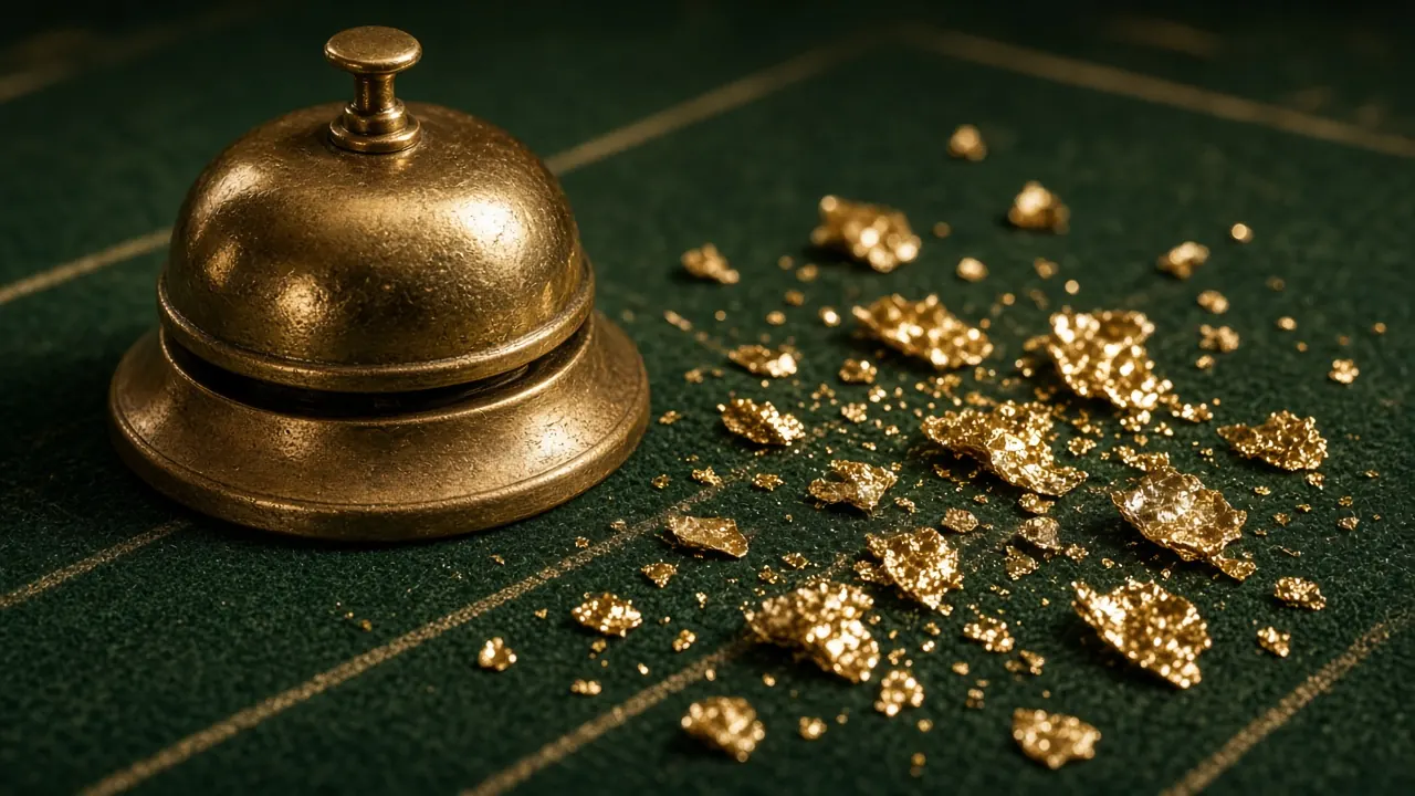 A brass desk bell on dark green casino felt marked with thin gold lines, a scatter of gold nuggets and flakes to its right, warm low light from the left, close three-quarter view
