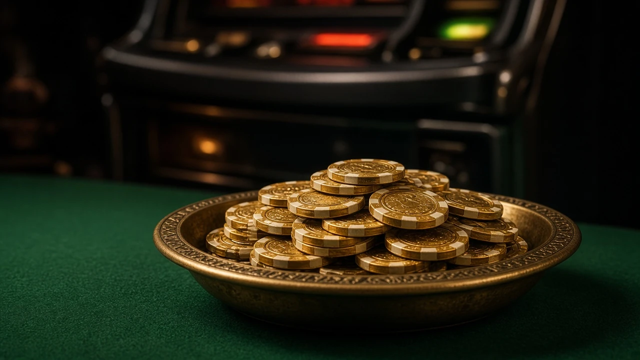 An engraved brass dish piled with gold-and-cream striped casino chips on green felt, eye-level view, a dark slot machine with small red and green lights blurred in the background