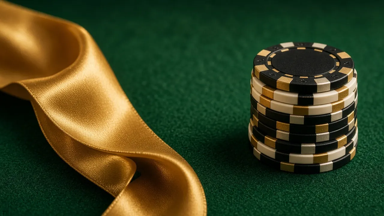 A wide gold satin ribbon curling in from the left across dark green felt and a neat stack of black, cream and gold casino chips on the right, soft studio light, close low view
