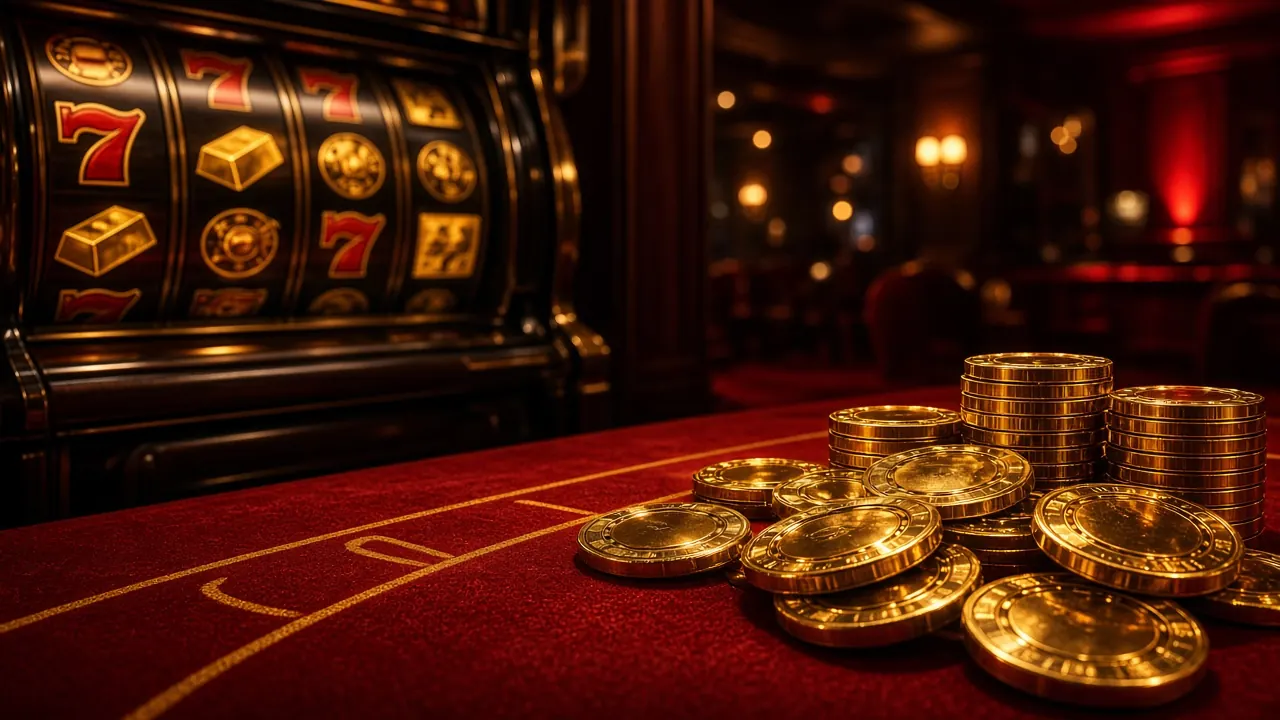 A dark wooden slot cabinet on the left with reels of red sevens, gold bars and gold coins, a crimson felt table in front carrying a heap of thick gold casino chips, a low view along the felt with warm amber wall lamps and red light blurred in the empty room behind.