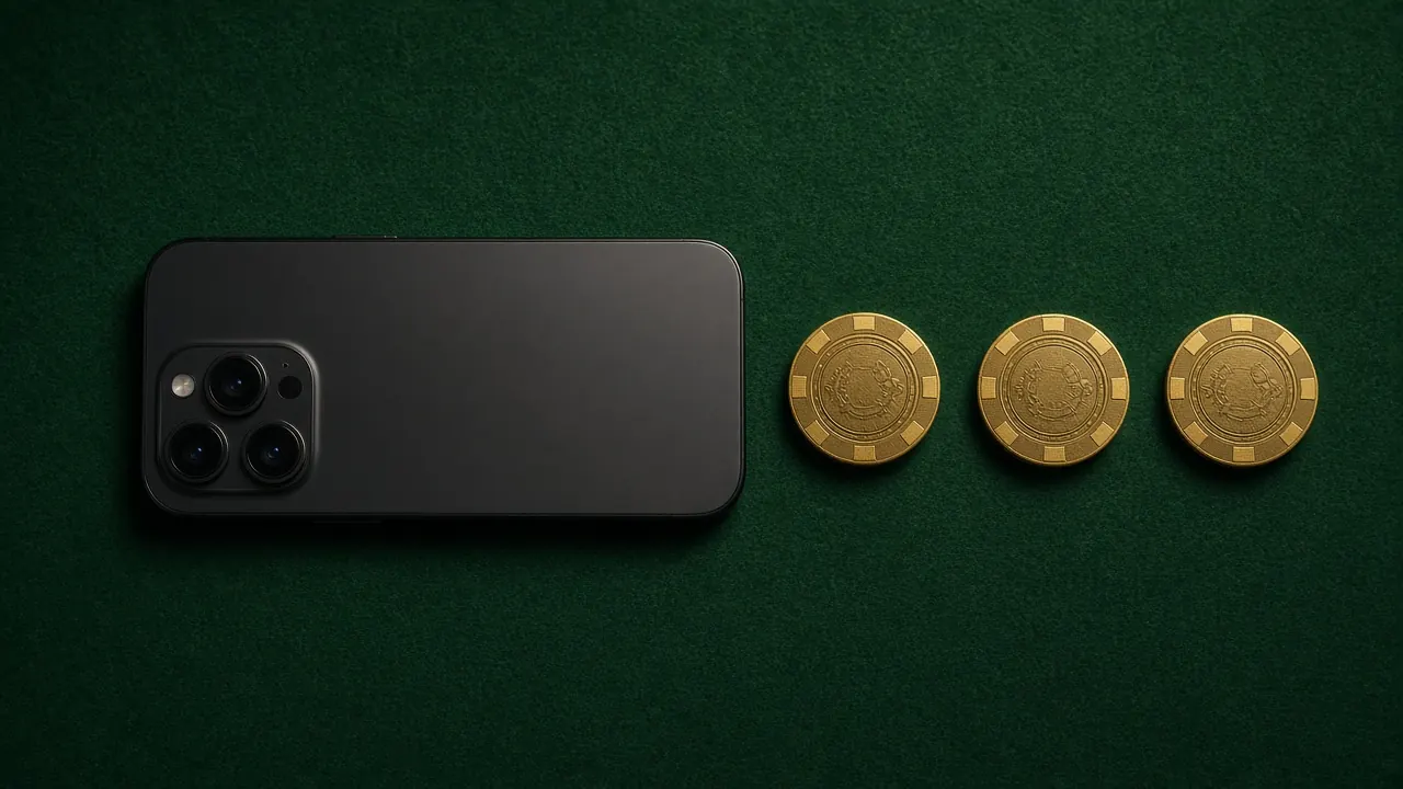 A black smartphone lying face down on dark green felt with its camera lenses showing and three gold casino chips in a row to its right, flat top-down view in soft even light