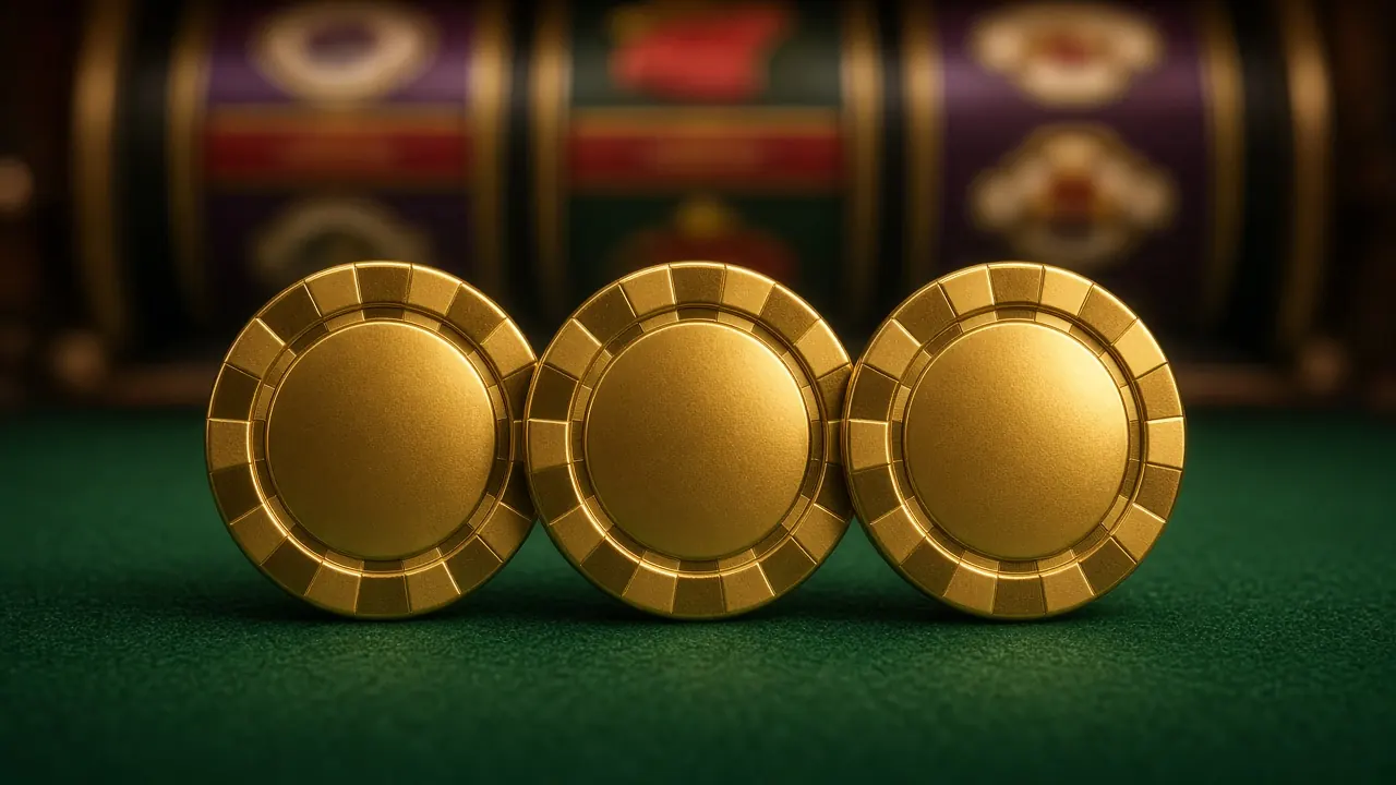 Three gold casino chips standing on edge side by side on green felt, eye-level close view, slot machine reels in purple, red and gold blurred behind them in warm light