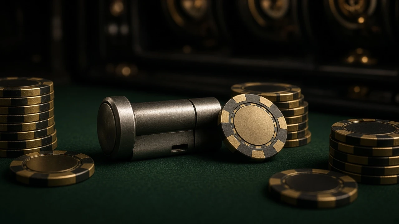A steel lock cylinder lying on its side on dark green felt between stacks of black-and-gold casino chips, one chip leaning on it, low eye-level view, dark slot cabinets blurred behind