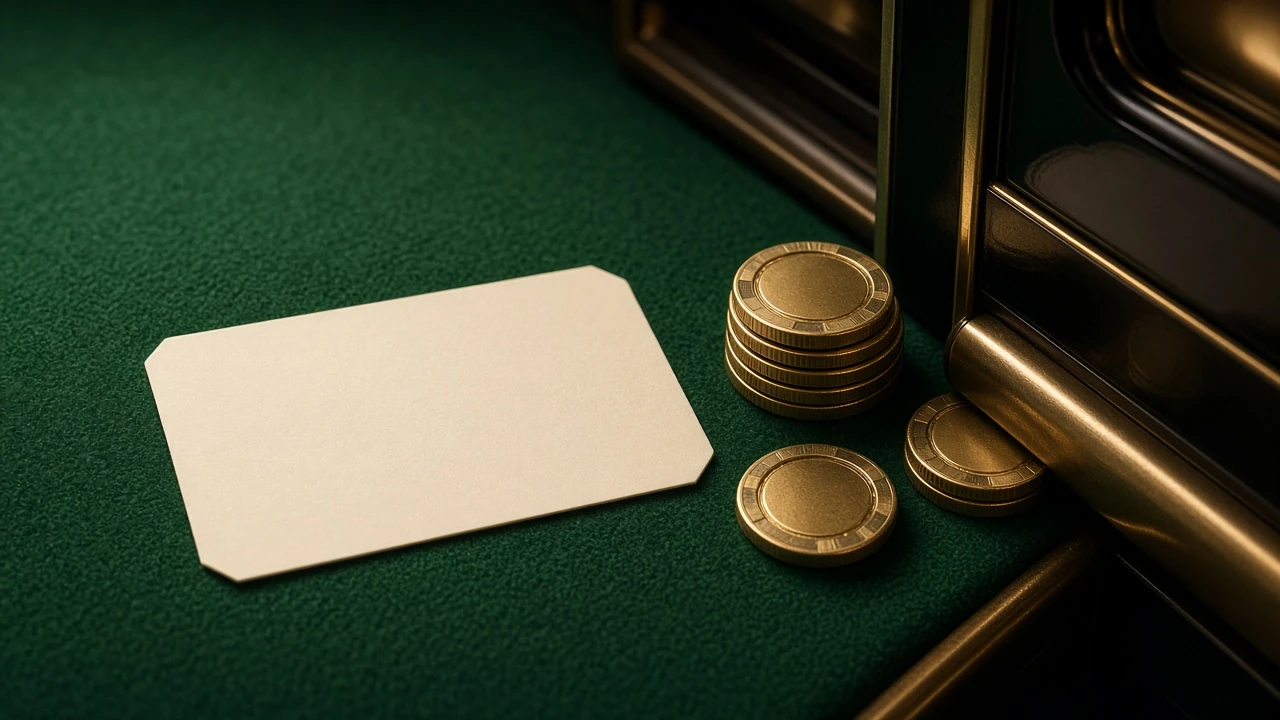 A blank cream card with clipped corners on green casino felt beside a short stack of gold chips, the polished brass frame of a closed cabinet at the right edge, close top-down view in warm light