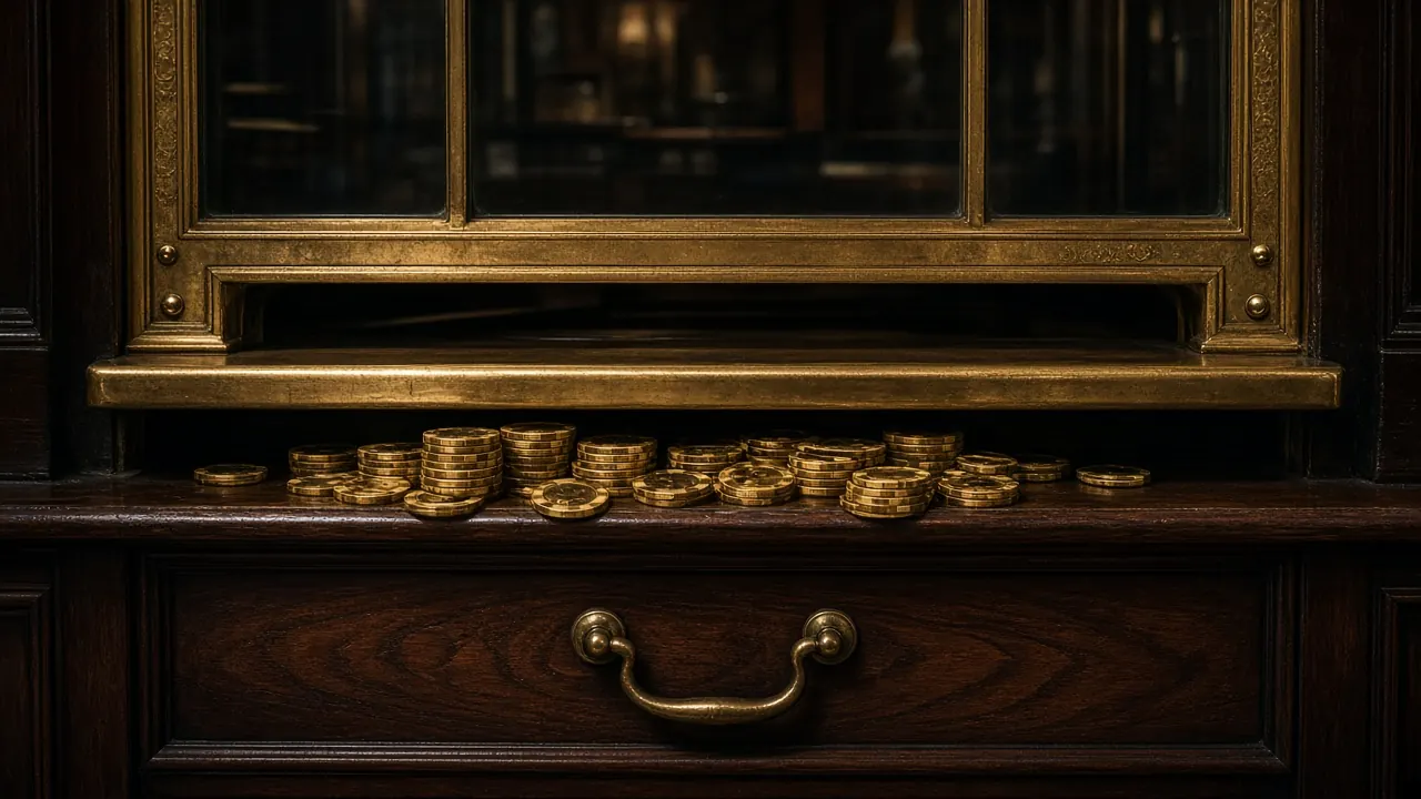 A brass-framed cashier counter with a polished brass ledge above a row of gold chip stacks on dark wood, a drawer with a brass handle below, straight front view in dim warm light